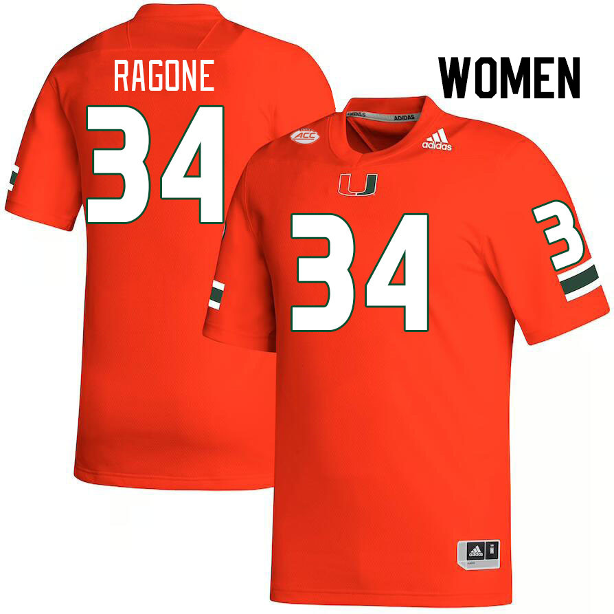 Women #34 Ryan Ragone Miami Hurricanes College Football Jerseys Stitched-Orange